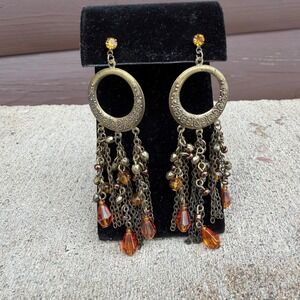 Boho Amber Chandelier Earrings Antique Gold Tone Filigree Dangle Beade